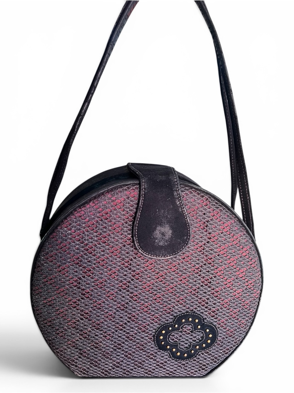Vintage Black Suede Mesh Round Canteen Top Handle Bag Purple Accents